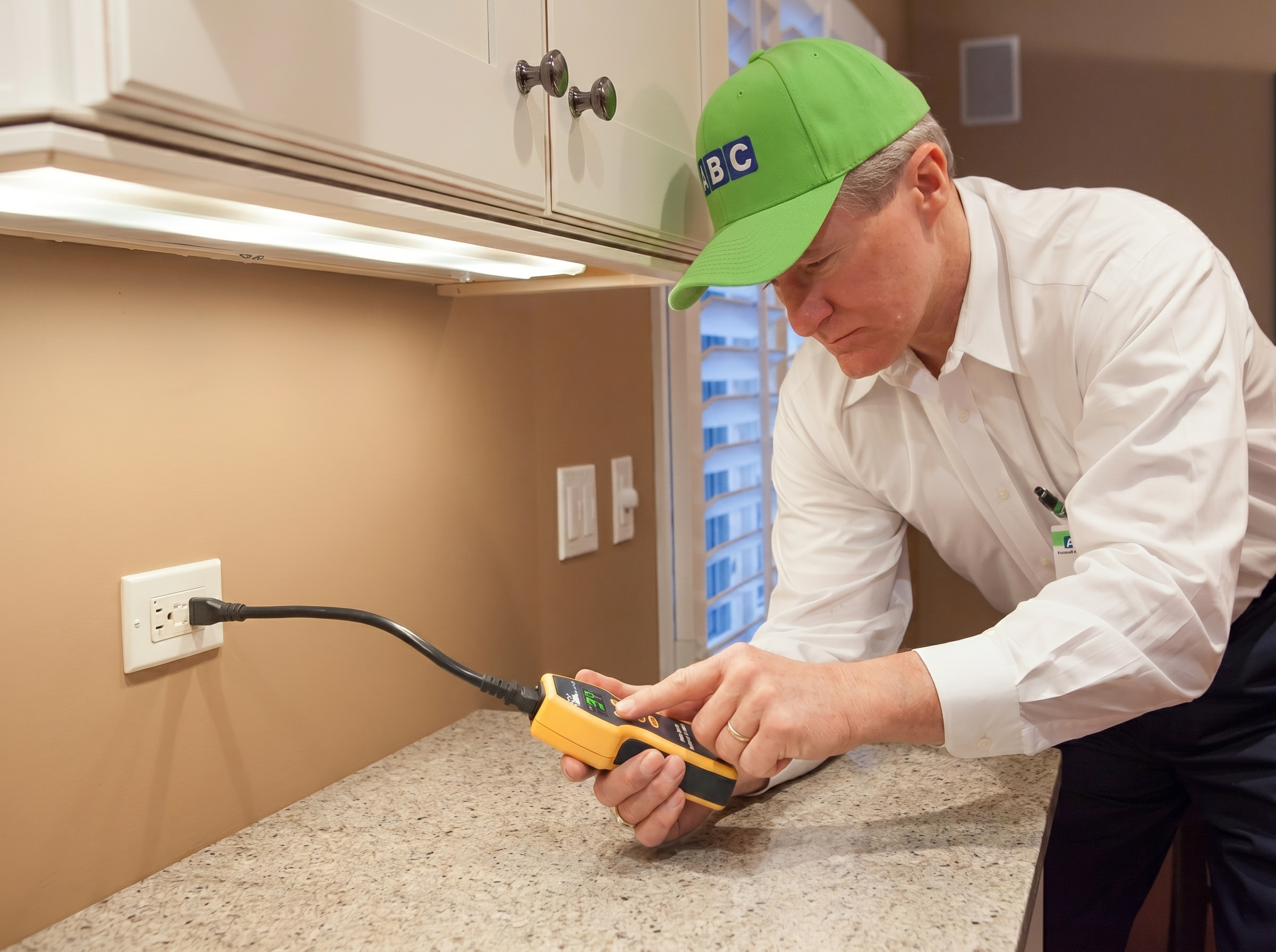 ABC technician in the home doing emergency 24/7 electrical repairs.
