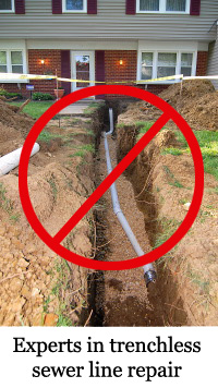 A crossed out sewer line in a trench - Experts in trenchless sewer line repair